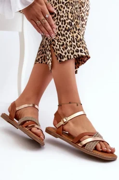 Best Sandały Damskie Z Eko Skóry Sergio Leone SK085H Brązowe Damskie Sandały Płaskie