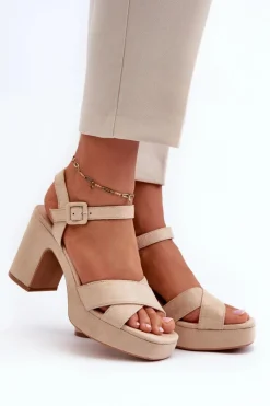 Sandały Na Obcasie>Boto Sandały Damskie Z Eko Zamszu Na Słupku I Platformie Jasnobeżowe Sakane