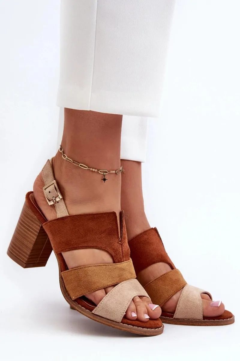 Clearance Sandały Damskie Z Eko Zamszu Na Obcasie Słupku Brązowe Qutima Damskie Sandały Na Słupku|Sandały Na Obcasie