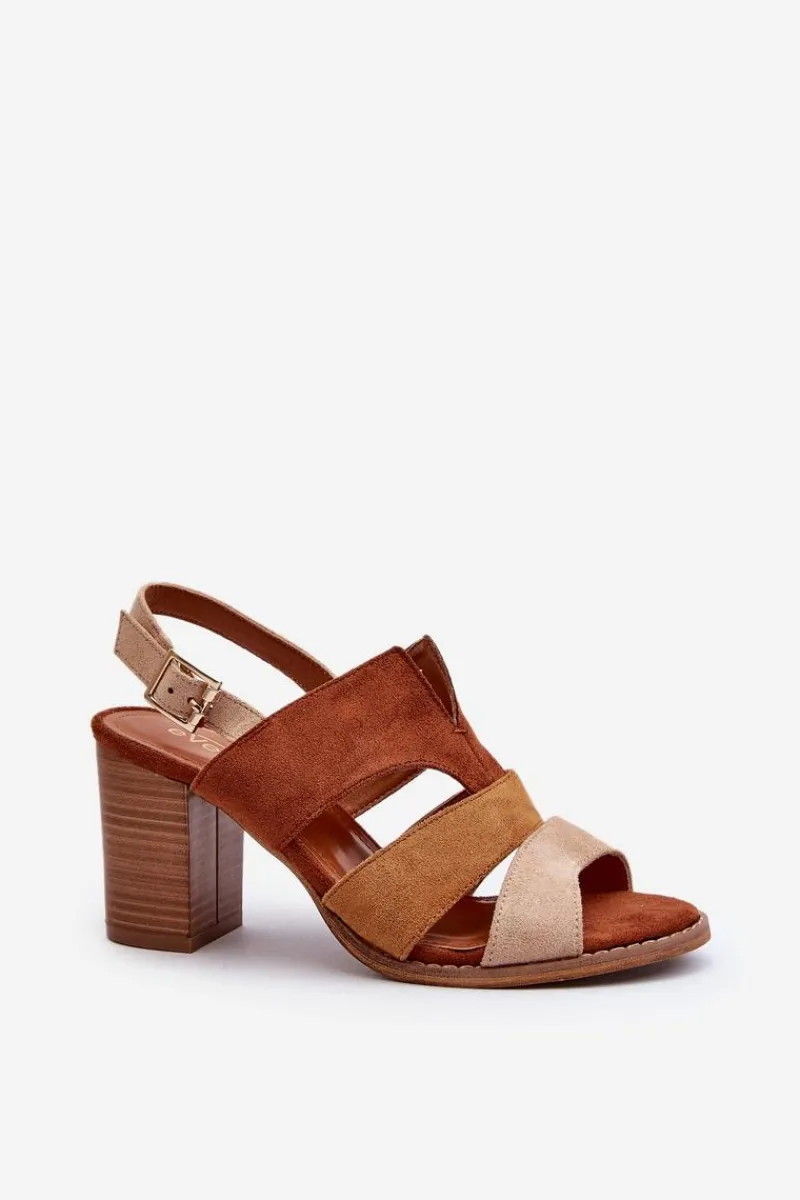 Clearance Sandały Damskie Z Eko Zamszu Na Obcasie Słupku Brązowe Qutima Damskie Sandały Na Słupku|Sandały Na Obcasie