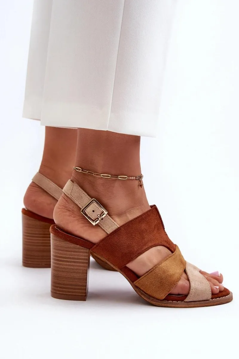 Clearance Sandały Damskie Z Eko Zamszu Na Obcasie Słupku Brązowe Qutima Damskie Sandały Na Słupku|Sandały Na Obcasie