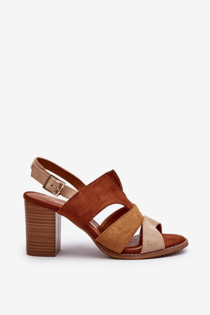 Clearance Sandały Damskie Z Eko Zamszu Na Obcasie Słupku Brązowe Qutima Damskie Sandały Na Słupku|Sandały Na Obcasie