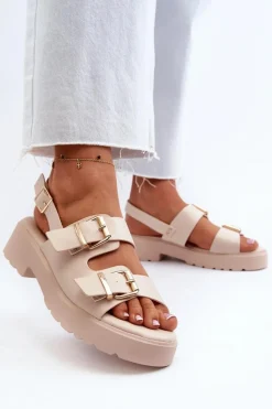 Sandały Płaskie>Boto Sandały Damskie Z Klamrami Eko Skórzane Beżowe Konanttia