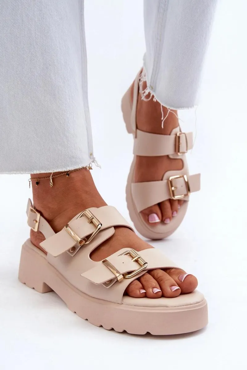 Sandały Płaskie>Boto Sandały Damskie Z Klamrami Eko Skórzane Beżowe Konanttia