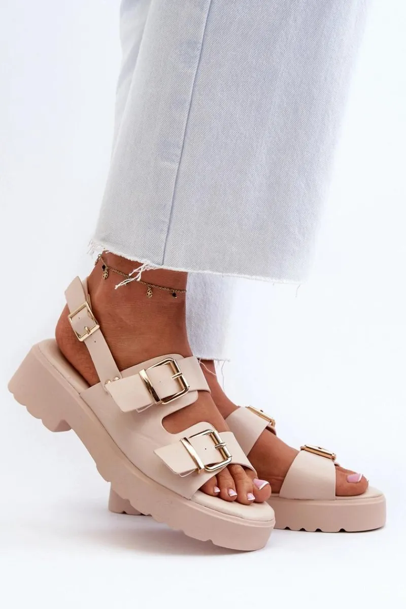 Sandały Płaskie>Boto Sandały Damskie Z Klamrami Eko Skórzane Beżowe Konanttia