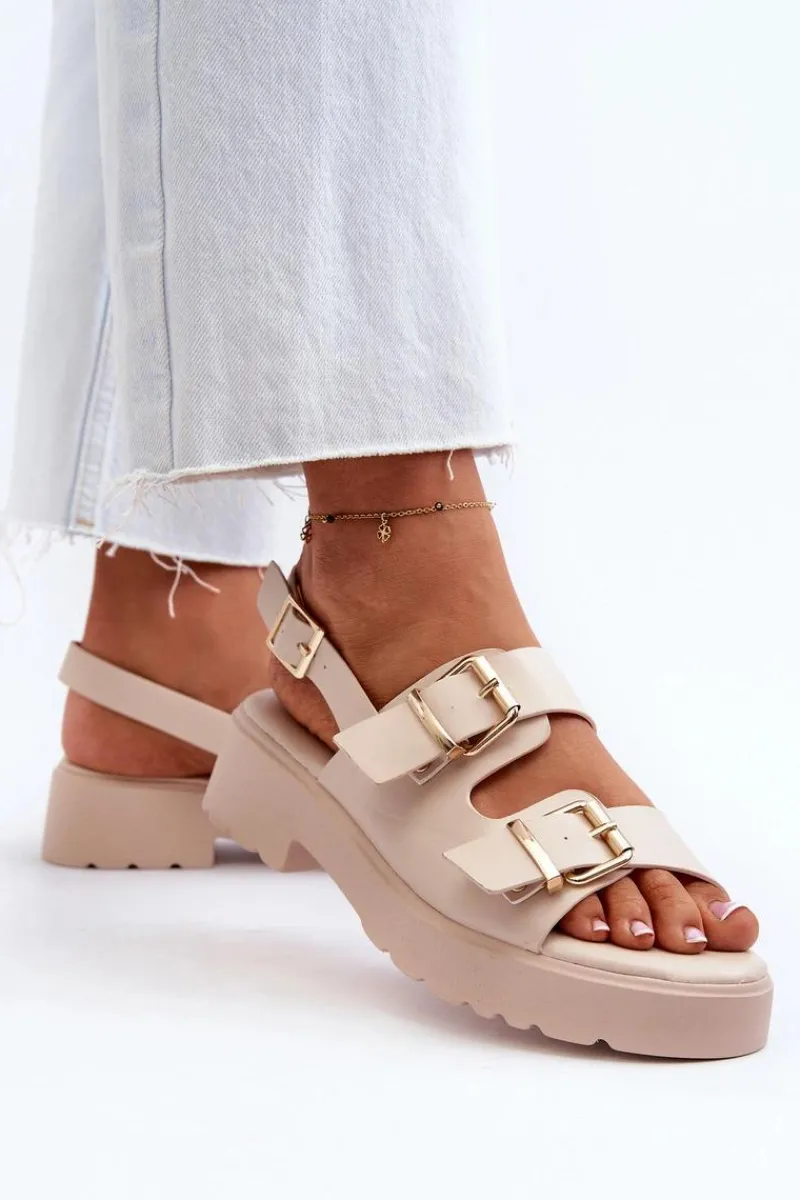 Sandały Płaskie>Boto Sandały Damskie Z Klamrami Eko Skórzane Beżowe Konanttia