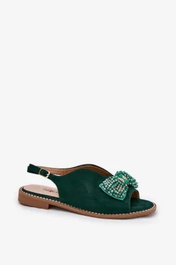 Sandały Damskie Z Kokardą Na Płaskim Obcasie S.Barski KV51-014 Zielone Damskie Sandały Płaskie