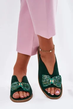 Sandały Damskie Z Kokardą Na Płaskim Obcasie S.Barski KV51-014 Zielone Damskie Sandały Płaskie