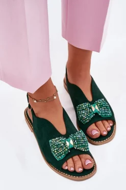 Sandały Damskie Z Kokardą Na Płaskim Obcasie S.Barski KV51-014 Zielone Damskie Sandały Płaskie