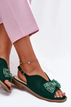 Sandały Damskie Z Kokardą Na Płaskim Obcasie S.Barski KV51-014 Zielone Damskie Sandały Płaskie