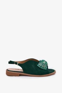 Sandały Damskie Z Kokardą Na Płaskim Obcasie S.Barski KV51-014 Zielone Damskie Sandały Płaskie