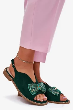 Sandały Damskie Z Kokardą Na Płaskim Obcasie S.Barski KV51-014 Zielone Damskie Sandały Płaskie