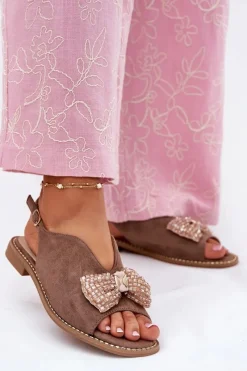 Sandały Płaskie>Damskie buty S.Barski Sandały Damskie Z Kokardą Na Płaskim Obcasie S.Barski KV51-014 Ciemnobeżowe Beżowy