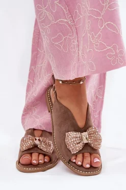 Sandały Płaskie>Damskie buty S.Barski Sandały Damskie Z Kokardą Na Płaskim Obcasie S.Barski KV51-014 Ciemnobeżowe Beżowy