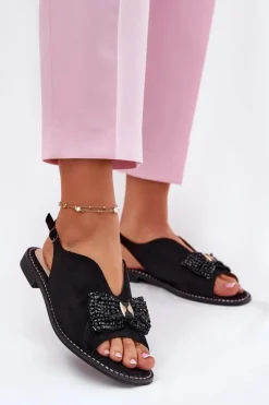 Sandały Płaskie>Damskie buty S.Barski Sandały Damskie Z Kokardą Na Płaskim Obcasie S.Barski KV51-014 Czarne Czarny