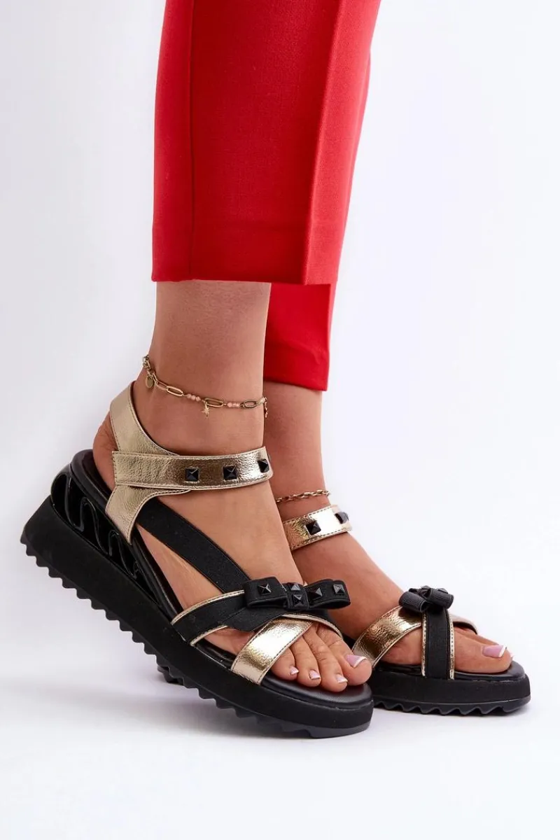 Sandały Damskie Z Kokardką D&A CR956 Złote Damskie Sandały Na Koturnie|Sandały Płaskie