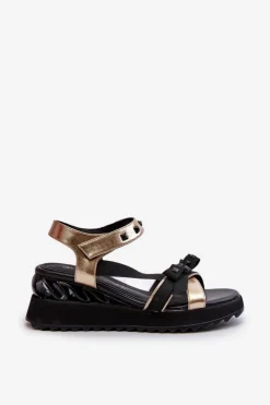 Sandały Damskie Z Kokardką D&A CR956 Złote Damskie Sandały Na Koturnie|Sandały Płaskie