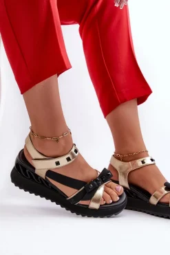 Sandały Damskie Z Kokardką D&A CR956 Złote Damskie Sandały Na Koturnie|Sandały Płaskie