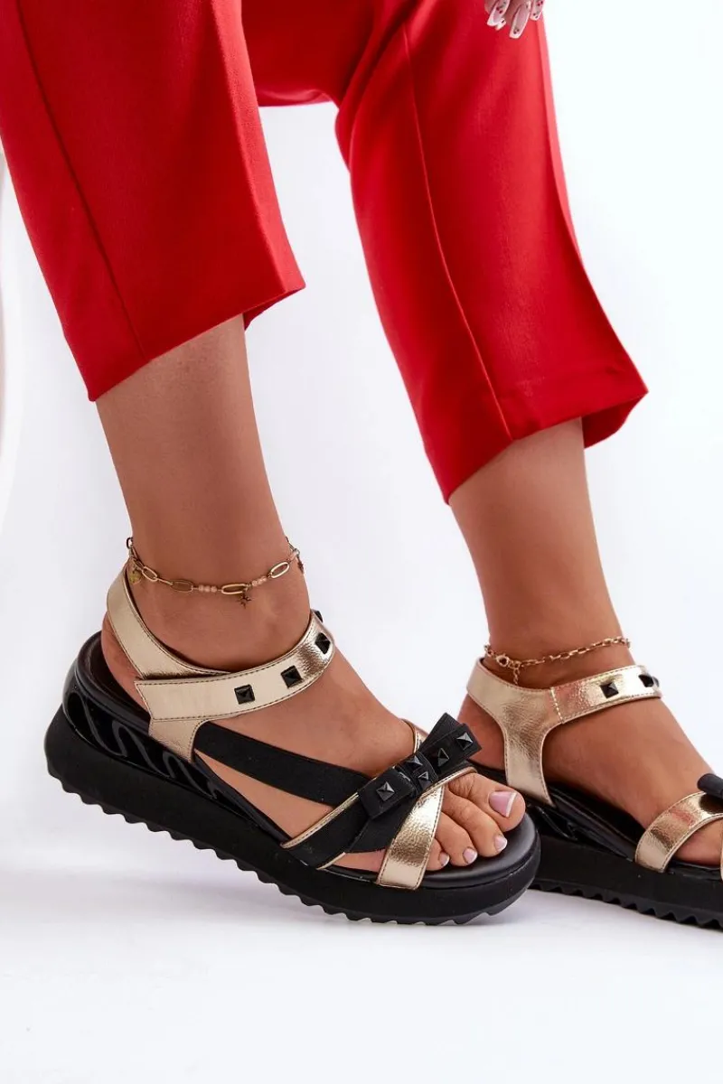 Sandały Damskie Z Kokardką D&A CR956 Złote Damskie Sandały Na Koturnie|Sandały Płaskie