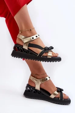 Sandały Damskie Z Kokardką D&A CR956 Złote Damskie Sandały Na Koturnie|Sandały Płaskie