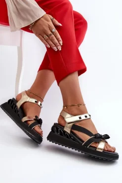 Sandały Damskie Z Kokardką D&A CR956 Złote Damskie Sandały Na Koturnie|Sandały Płaskie