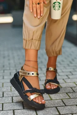 Sandały Damskie Z Kokardką D&A CR956 Złote Damskie Sandały Na Koturnie|Sandały Płaskie