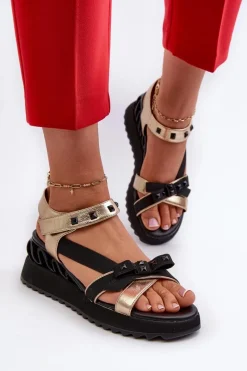 Sandały Damskie Z Kokardką D&A CR956 Złote Damskie Sandały Na Koturnie|Sandały Płaskie