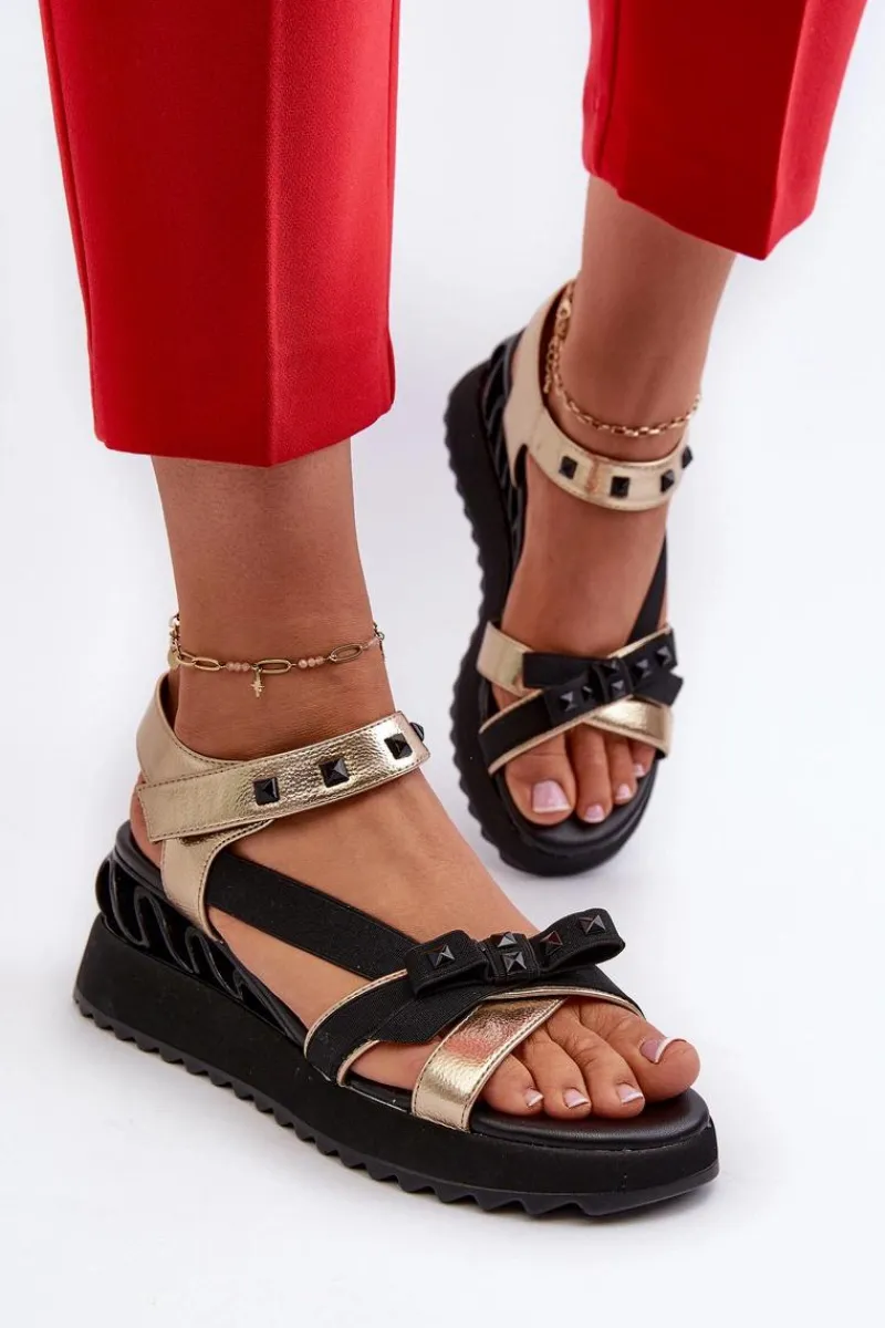 Sandały Damskie Z Kokardką D&A CR956 Złote Damskie Sandały Na Koturnie|Sandały Płaskie