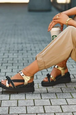 Sandały Damskie Z Kokardką D&A CR956 Złote Damskie Sandały Na Koturnie|Sandały Płaskie