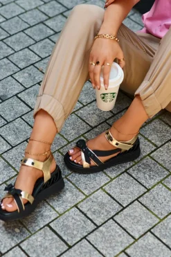 Sandały Damskie Z Kokardką D&A CR956 Złote Damskie Sandały Na Koturnie|Sandały Płaskie