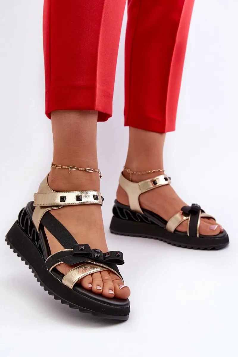 Sandały Damskie Z Kokardką D&A CR956 Złote Damskie Sandały Na Koturnie|Sandały Płaskie