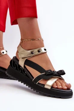 Sandały Damskie Z Kokardką D&A CR956 Złote Damskie Sandały Na Koturnie|Sandały Płaskie