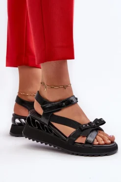 Sandały Na Koturnie|Sandały Płaskie>Damskie buty S.Barski Sandały Damskie Z Kokardką D&A CR956 Czarne Czarny