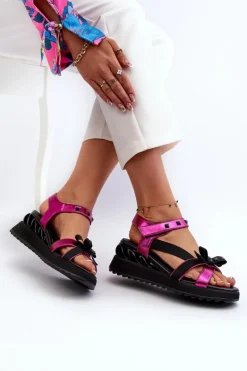 Outlet Sandały Damskie Z Kokardką D&A CR956 Fuksja Damskie Sandały Na Koturnie|Sandały Płaskie