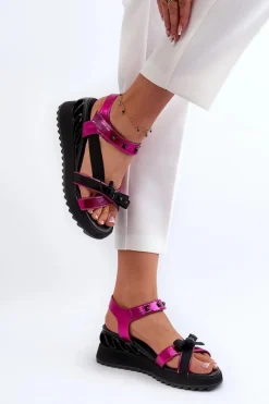 Outlet Sandały Damskie Z Kokardką D&A CR956 Fuksja Damskie Sandały Na Koturnie|Sandały Płaskie