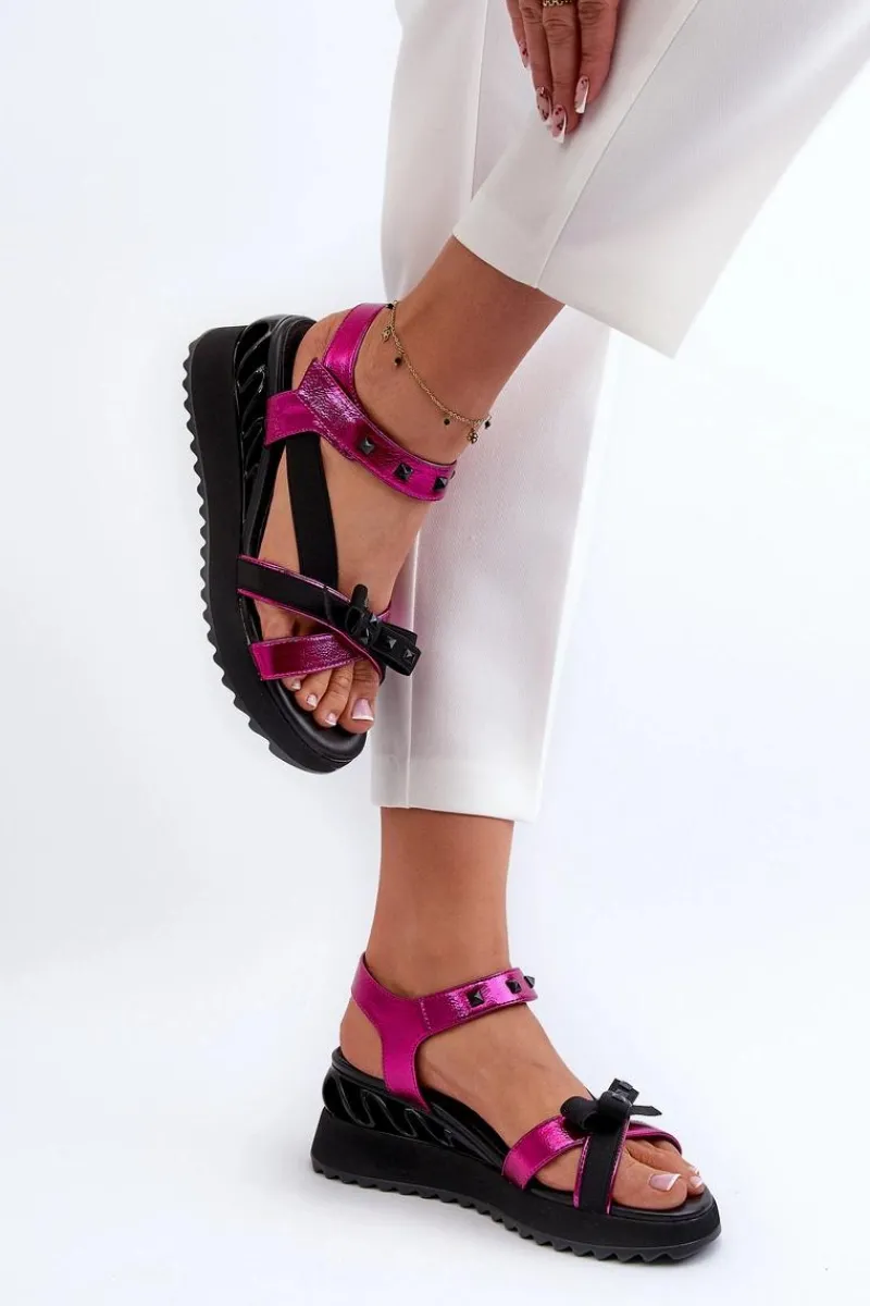 Outlet Sandały Damskie Z Kokardką D&A CR956 Fuksja Damskie Sandały Na Koturnie|Sandały Płaskie