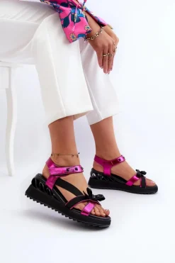 Outlet Sandały Damskie Z Kokardką D&A CR956 Fuksja Damskie Sandały Na Koturnie|Sandały Płaskie