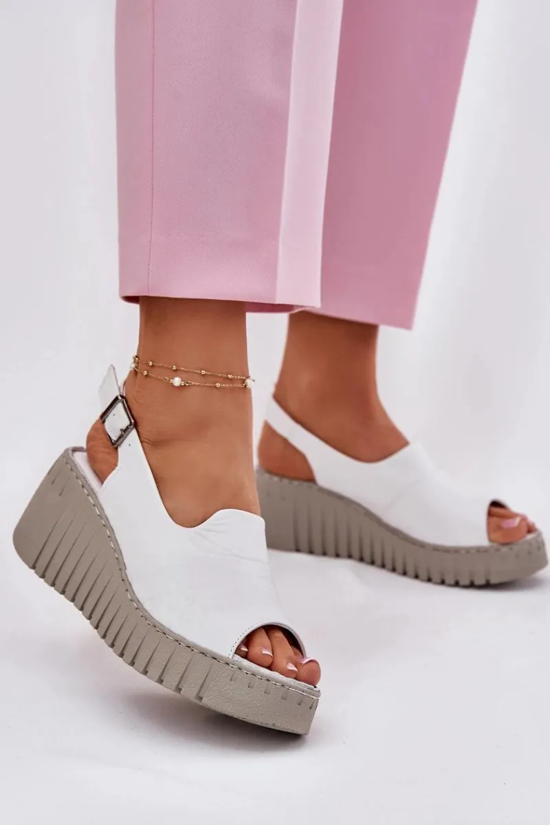 Hot Artiker Sandały Damskie Z Naturalnej Skóry Na Koturnie 54C0786 Białe