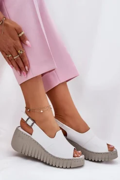 Hot Artiker Sandały Damskie Z Naturalnej Skóry Na Koturnie 54C0786 Białe