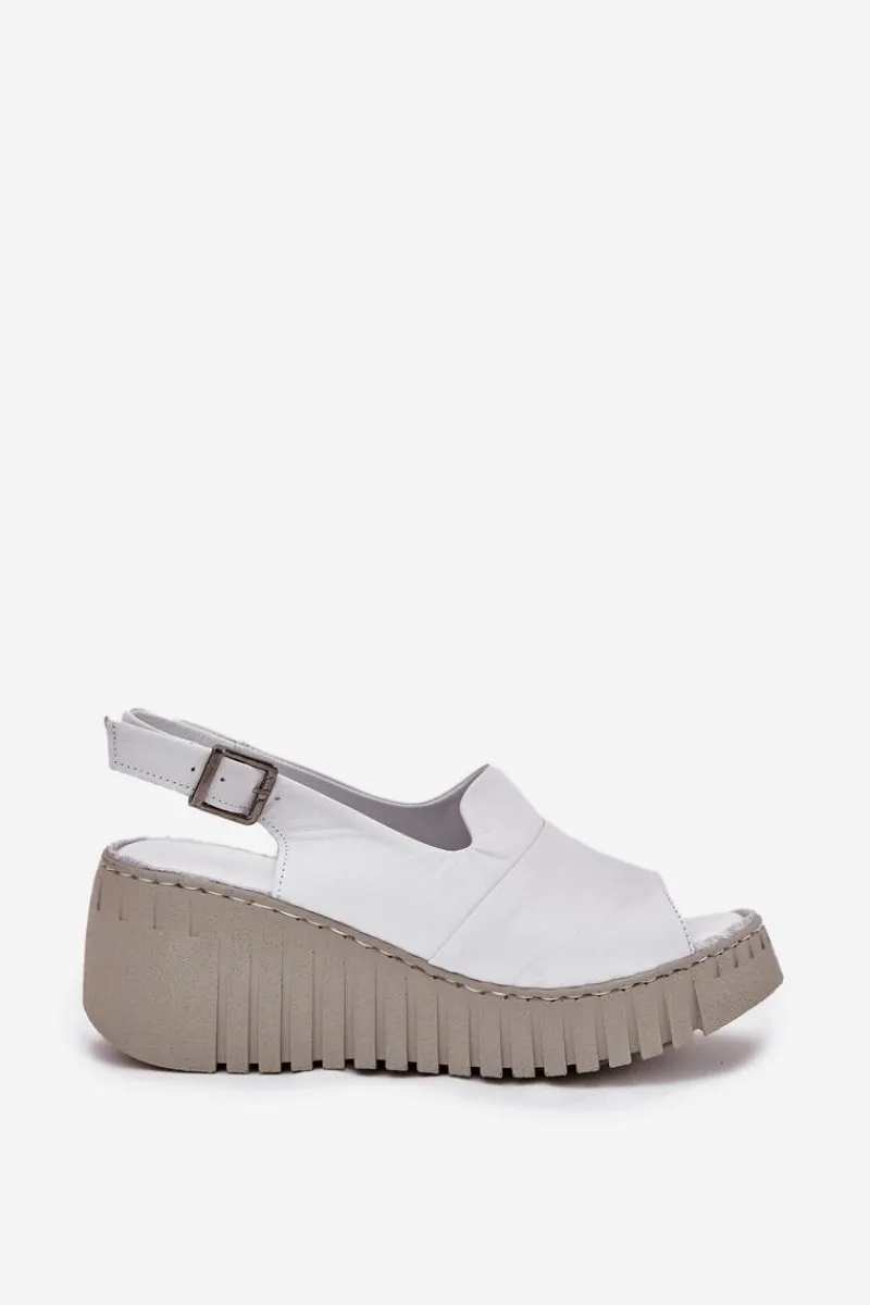 Hot Artiker Sandały Damskie Z Naturalnej Skóry Na Koturnie 54C0786 Białe