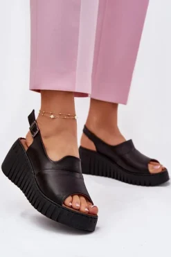 Sandały Na Koturnie>Artiker Sandały Damskie Z Naturalnej Skóry Na Koturnie 54C0791 Czarne Czarny