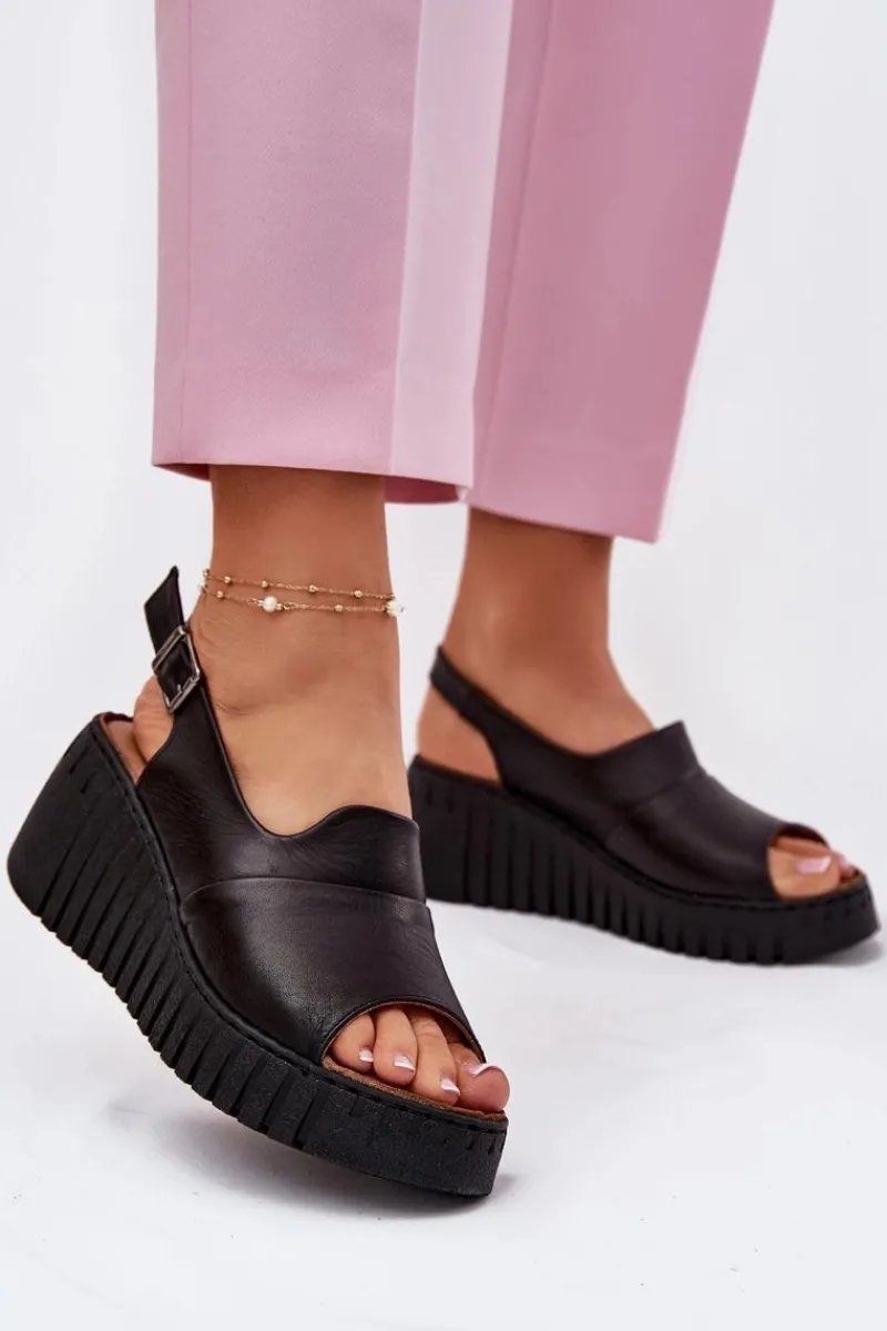 Sandały Na Koturnie>Artiker Sandały Damskie Z Naturalnej Skóry Na Koturnie 54C0791 Czarne Czarny