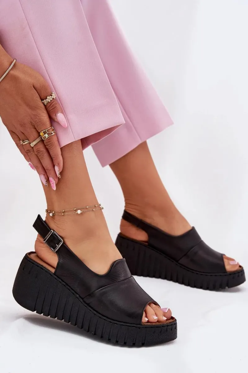 Sandały Na Koturnie>Artiker Sandały Damskie Z Naturalnej Skóry Na Koturnie 54C0791 Czarne Czarny