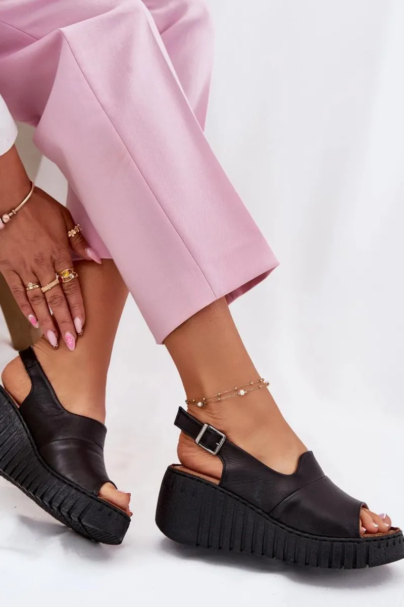 Sandały Na Koturnie>Artiker Sandały Damskie Z Naturalnej Skóry Na Koturnie 54C0791 Czarne Czarny