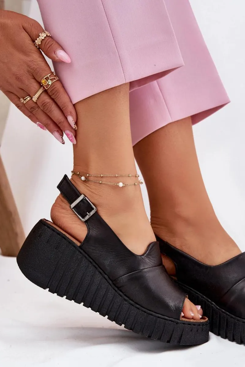 Sandały Na Koturnie>Artiker Sandały Damskie Z Naturalnej Skóry Na Koturnie 54C0791 Czarne Czarny