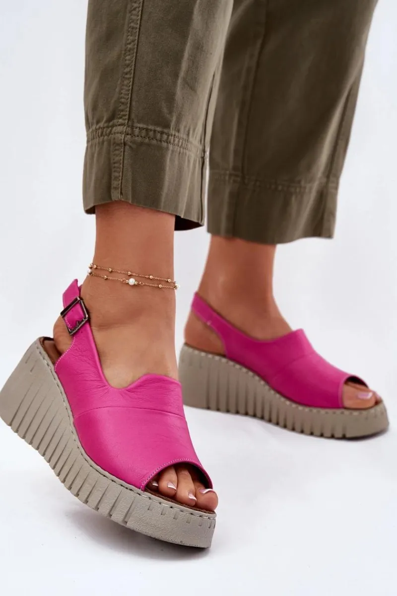 Sandały Damskie Z Naturalnej Skóry Na Koturnie 54C0789 Fuksja Damskie Sandały Na Koturnie