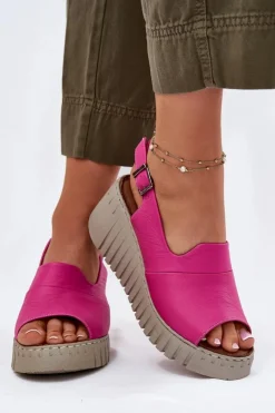 Sandały Damskie Z Naturalnej Skóry Na Koturnie 54C0789 Fuksja Damskie Sandały Na Koturnie
