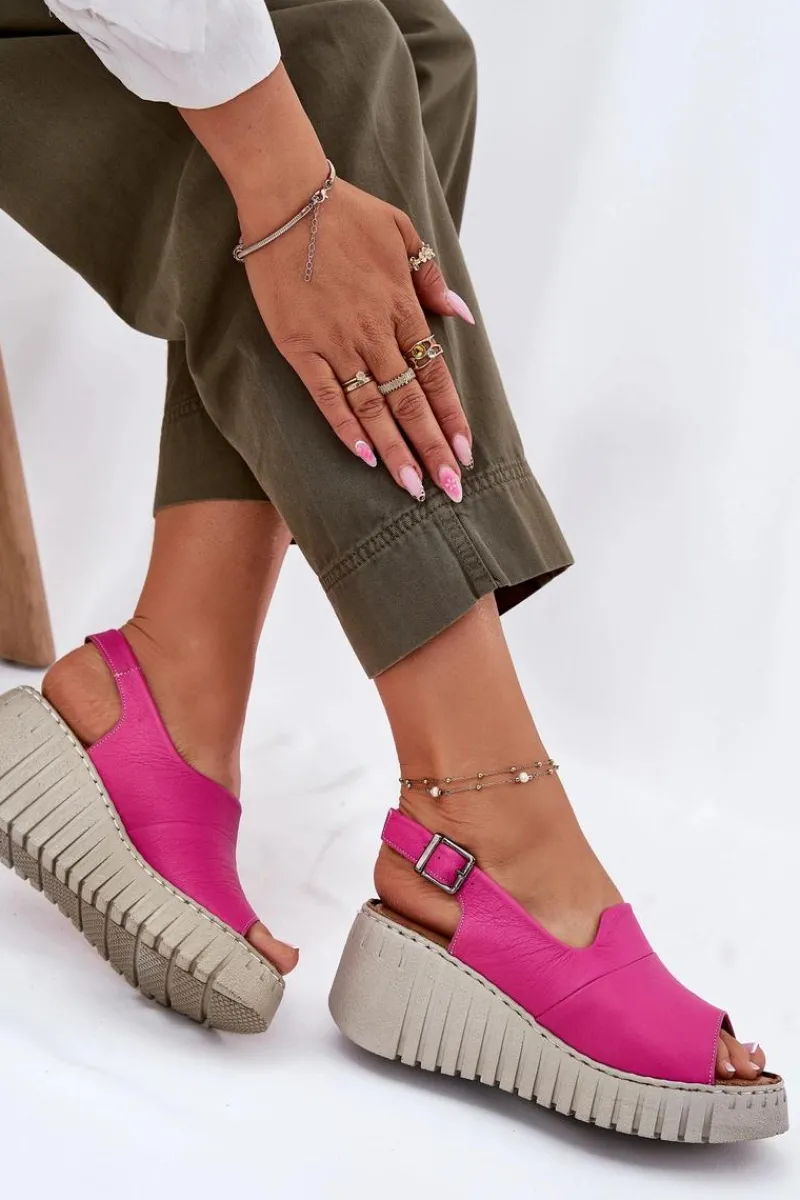 Sandały Damskie Z Naturalnej Skóry Na Koturnie 54C0789 Fuksja Damskie Sandały Na Koturnie