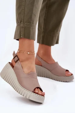 Sale Artiker Sandały Damskie Z Naturalnej Skóry Na Koturnie 54C0788 Ciemnobeżowe Beżowy