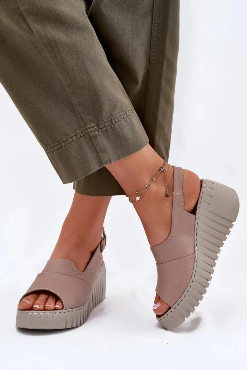 Sale Artiker Sandały Damskie Z Naturalnej Skóry Na Koturnie 54C0788 Ciemnobeżowe Beżowy